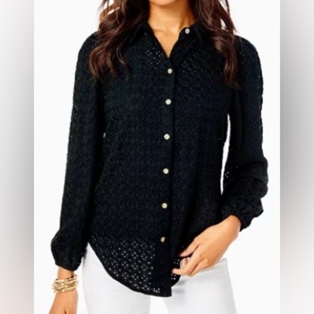 Lilly Pulitzer Top Black Sea Breeze Eyelet Long Sleeves Blouse SZ XL